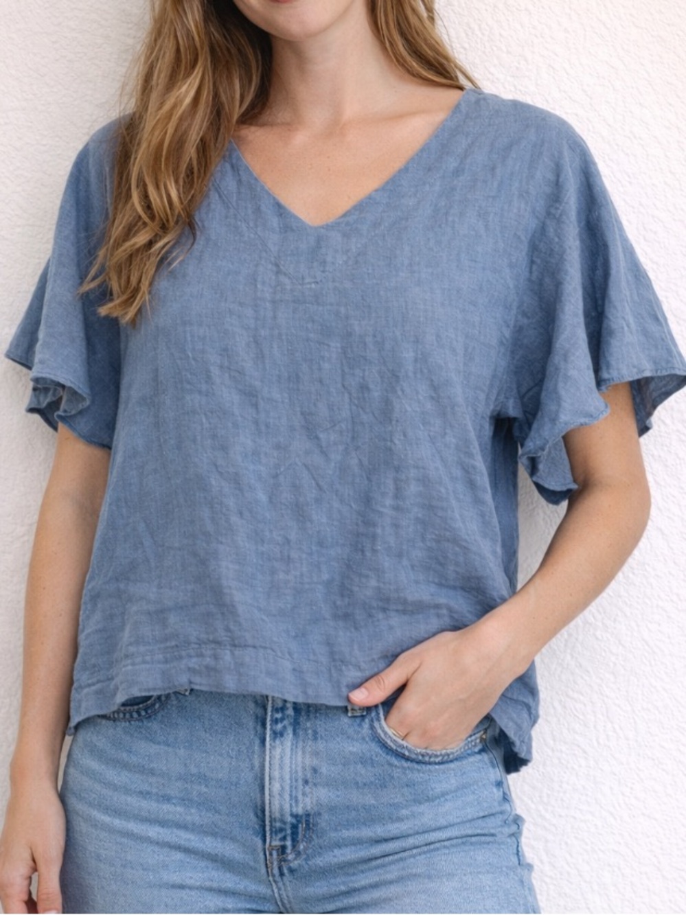 Kaktus Linen Top Womens XL Blue Flutter Sleeve V Neck Short Sleeve